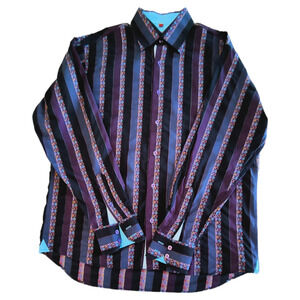 Luchiano Visconti Shirt Men's L Striped Long Sleeve Flip Cuff Multicolor Cotton